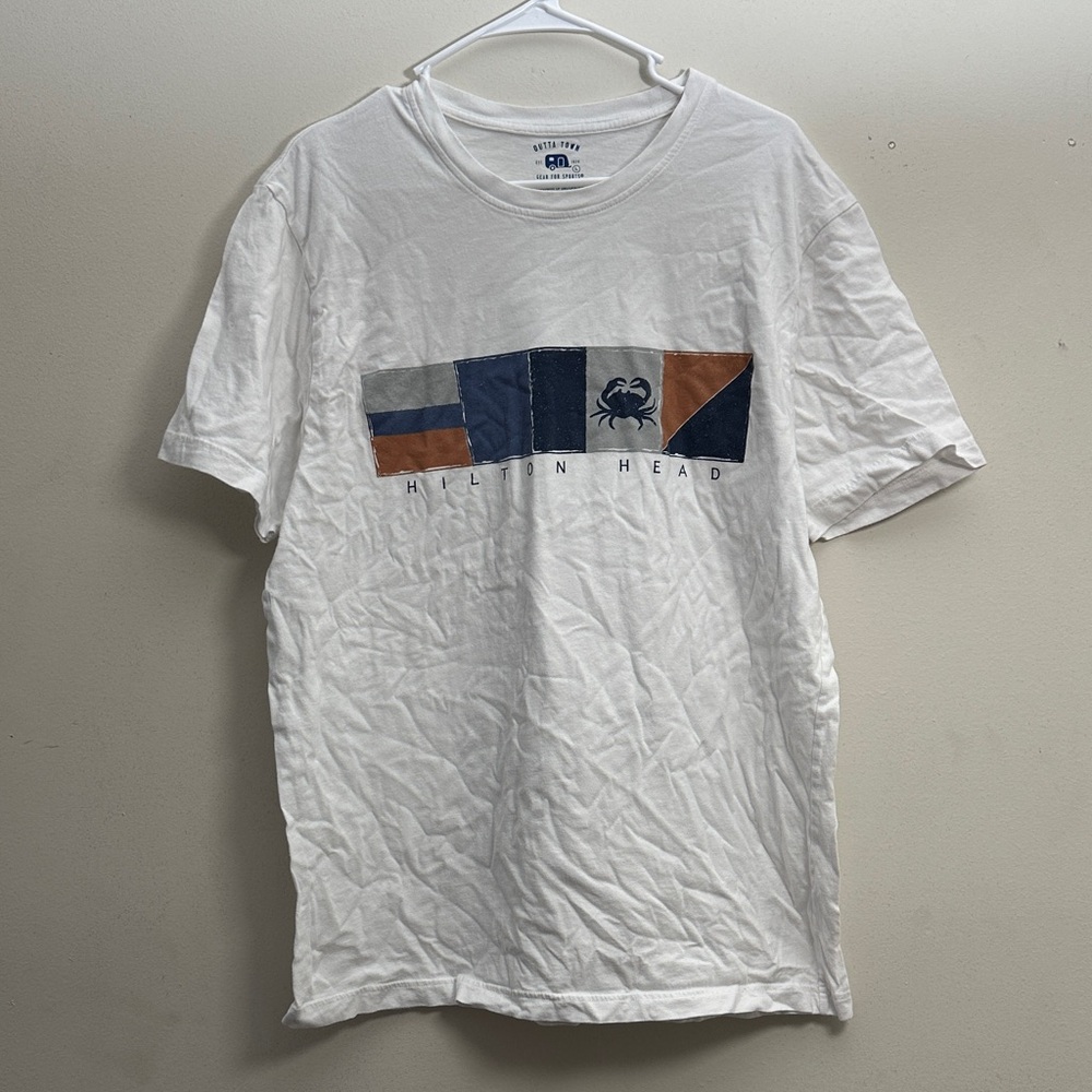 White Tee with Blue and Orange Accents